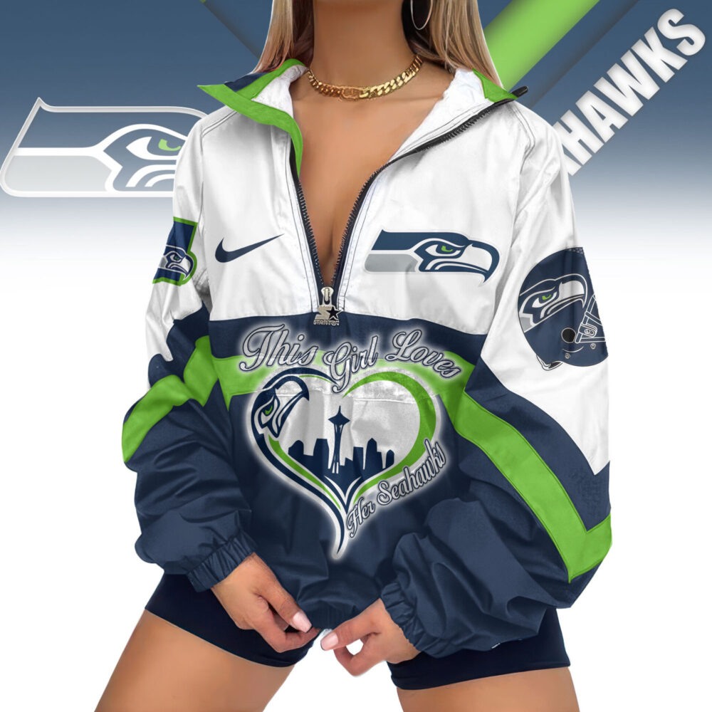 Seattle Seahawks | Premium Women's Printed V-Neck Zipper Sweatshirt Jackets TD