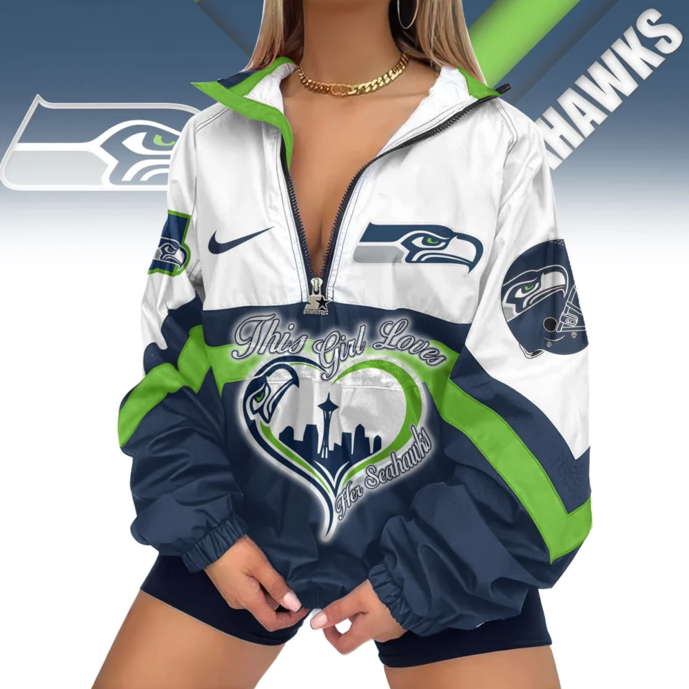 Seattle Seahawks | Premium Women's Printed V-Neck Zipper Sweatshirt Jackets TD