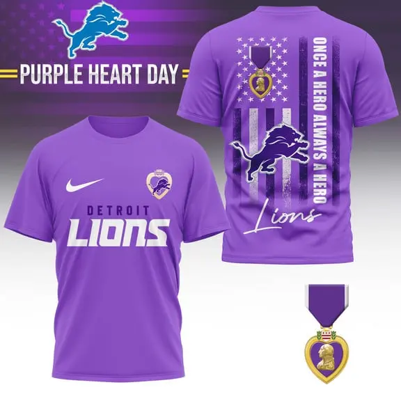 Detroit Lions | Premium National Purple Heart Day 3D Shirt HI