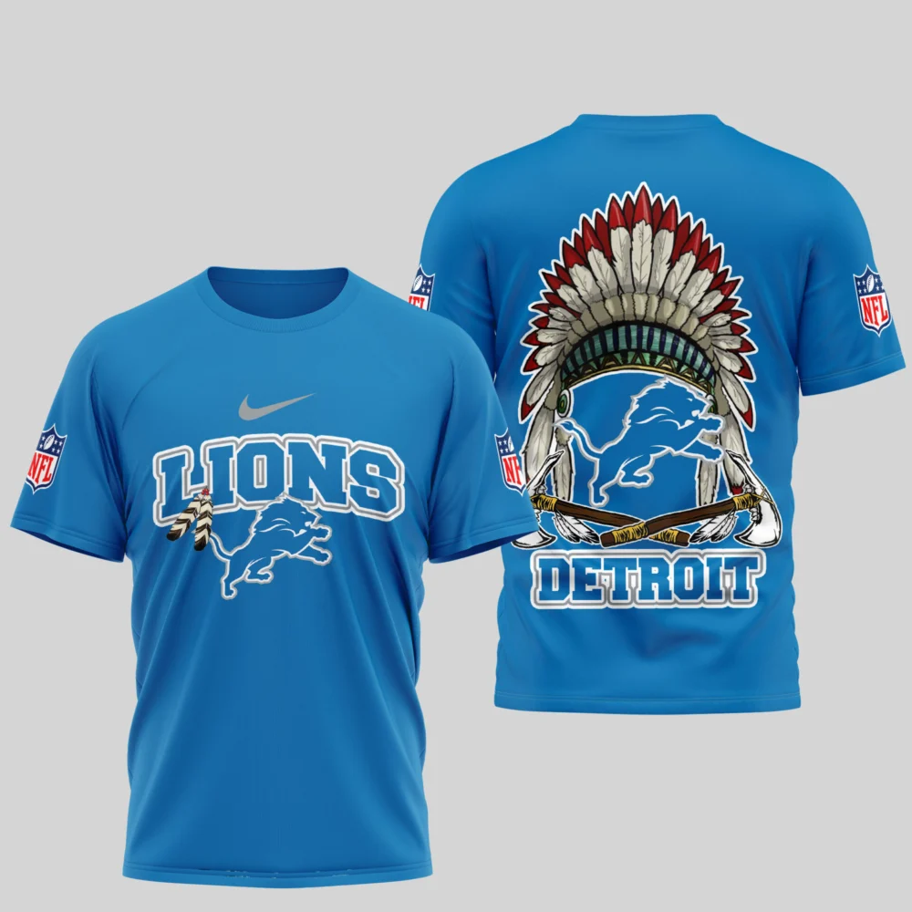 Detroit Lions | Premium Native American Leather 3D Shirt TD - Blue, L