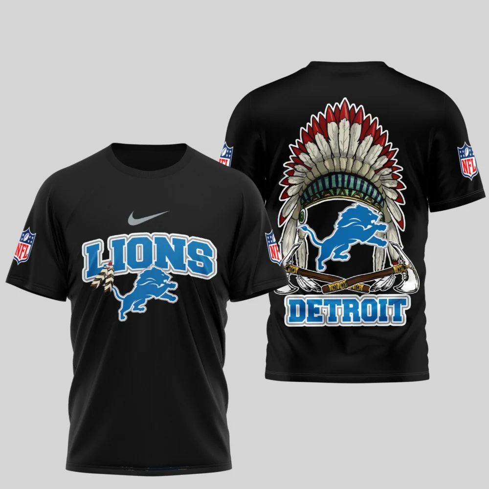 Detroit Lions | Premium Native American Leather 3D Shirt TD - Black, XL