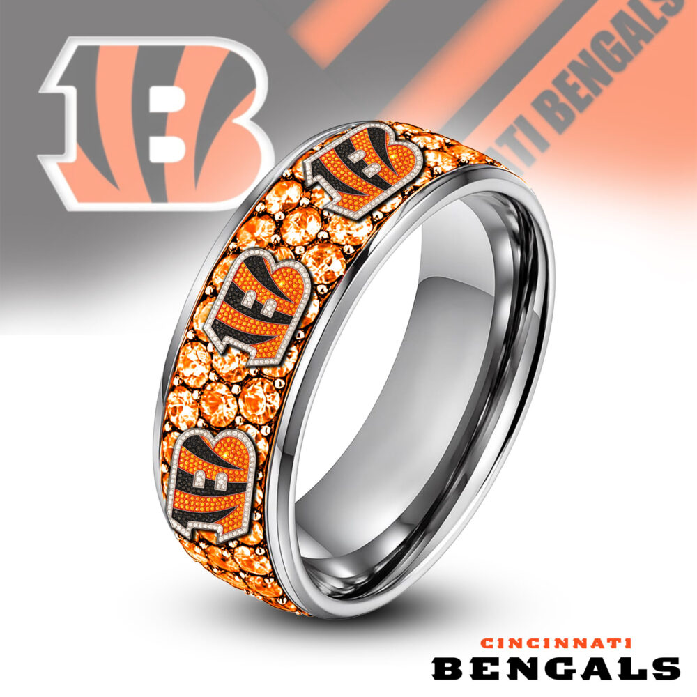 Cincinnati Bengals | Silver Tungsten Bling Rhinestone Ring TD