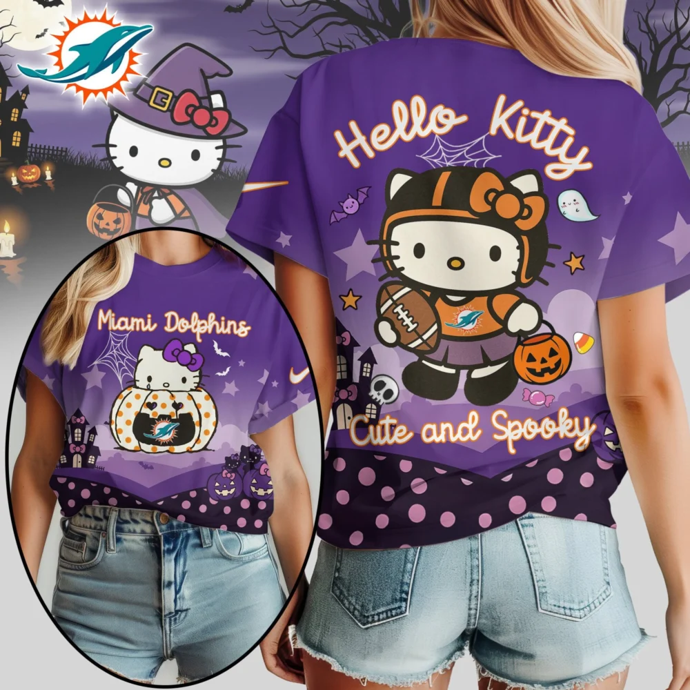 Miami Dolphins | Premium NFL Hello Kitty Cute And Spooky Halloween Women Shirt NY