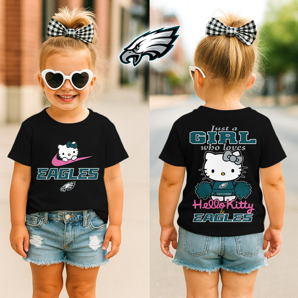 Philadelphia Eagles | Premium NFL Football Girl Hello Kitty Fan Kid Shirt HI - Black
