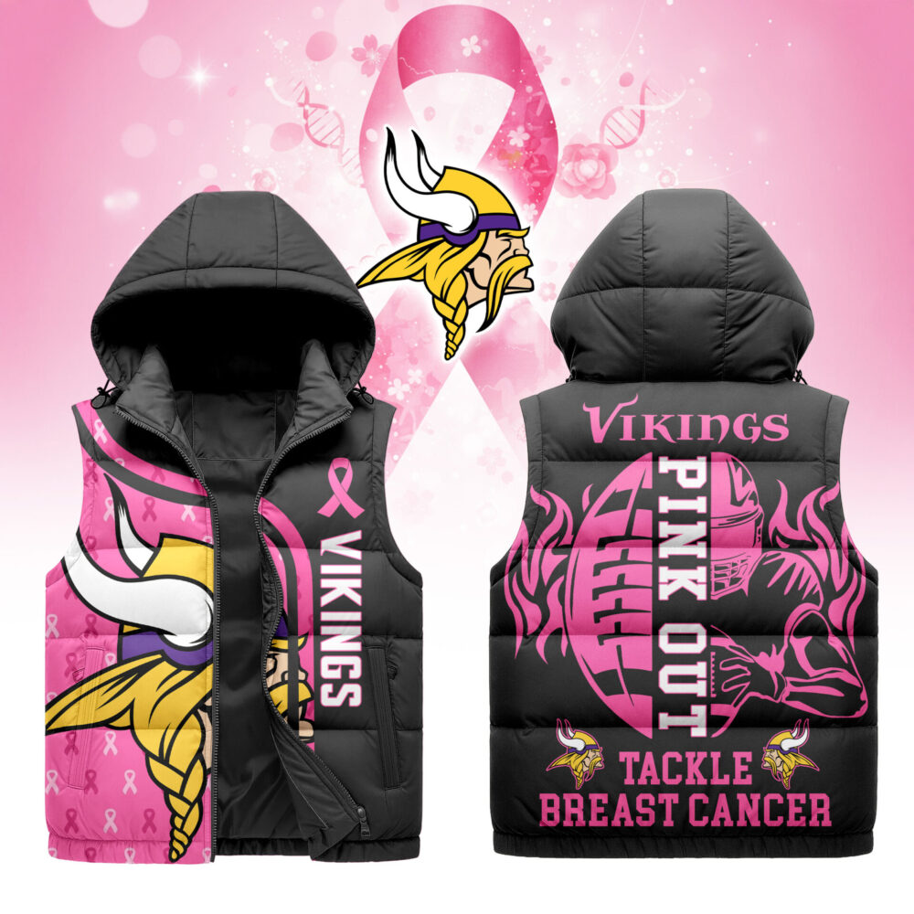 Minnesota Vikings | Premium NFL Pink Out Hooded Vest Puffer - Black