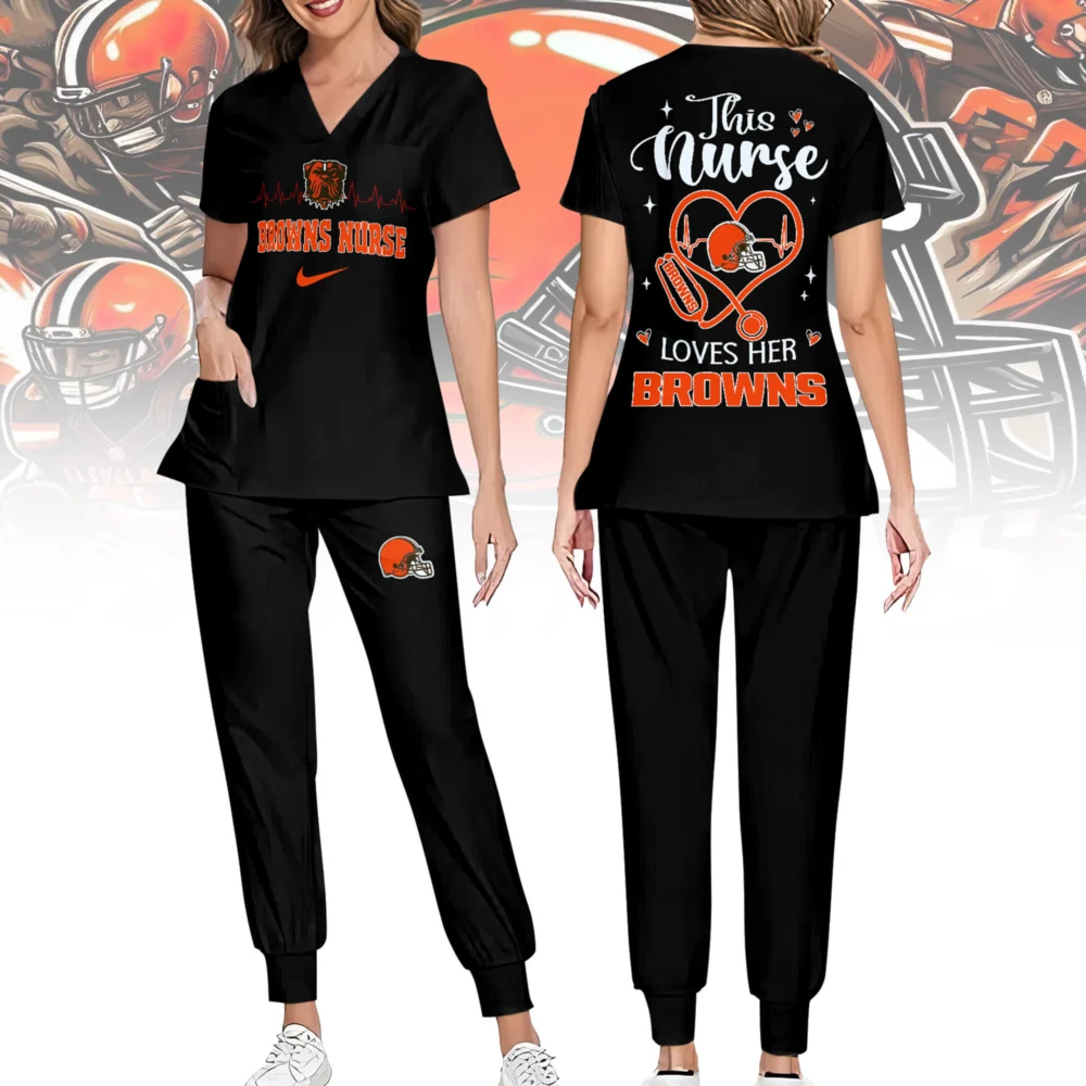 Cleveland Browns | Premium NFL Nurse Appreciation Stretch V-Neck Scrub Top And Jogger Pant NY