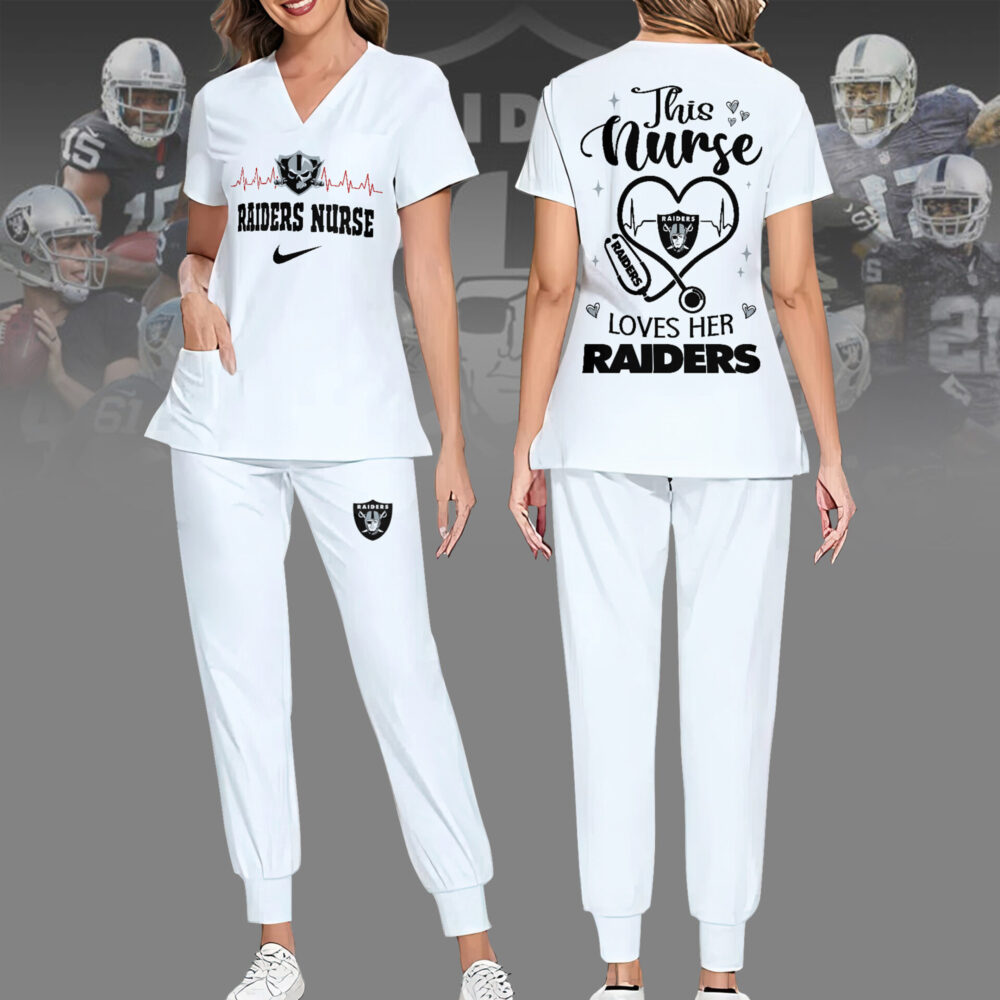 Las Vegas Raiders | Premium NFL Nurse Appreciation Stretch V-Neck Scrub Top And Jogger Pant NY