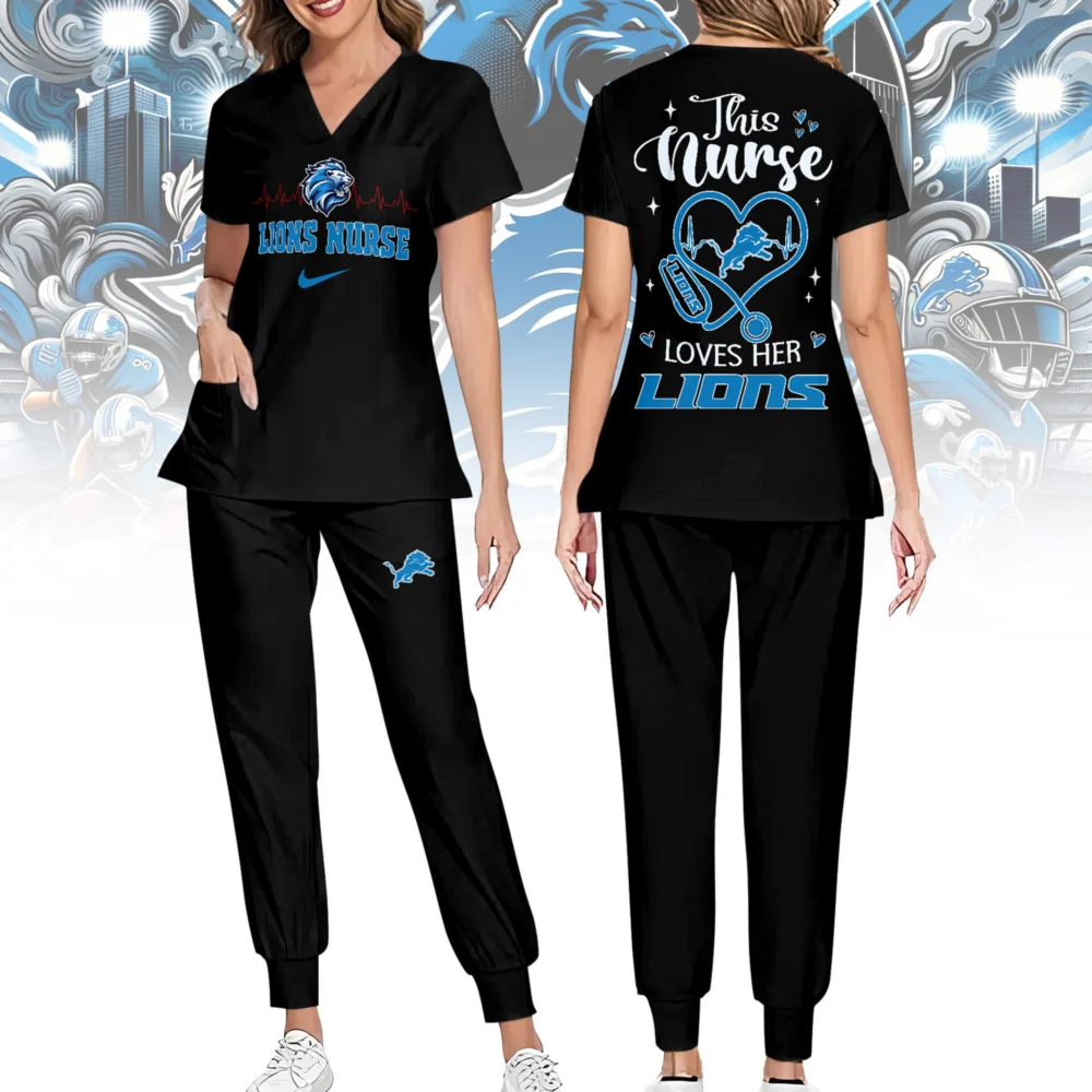 Detroit Lions | Premium NFL Nurse Appreciation Stretch V-Neck Scrub Top And Jogger Pant NY