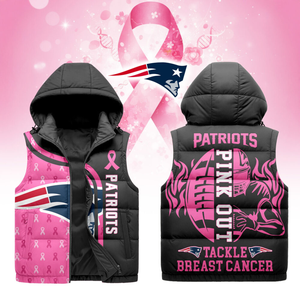 New England Patriots | Premium NFL Pink Out Hooded Vest Puffer - Black