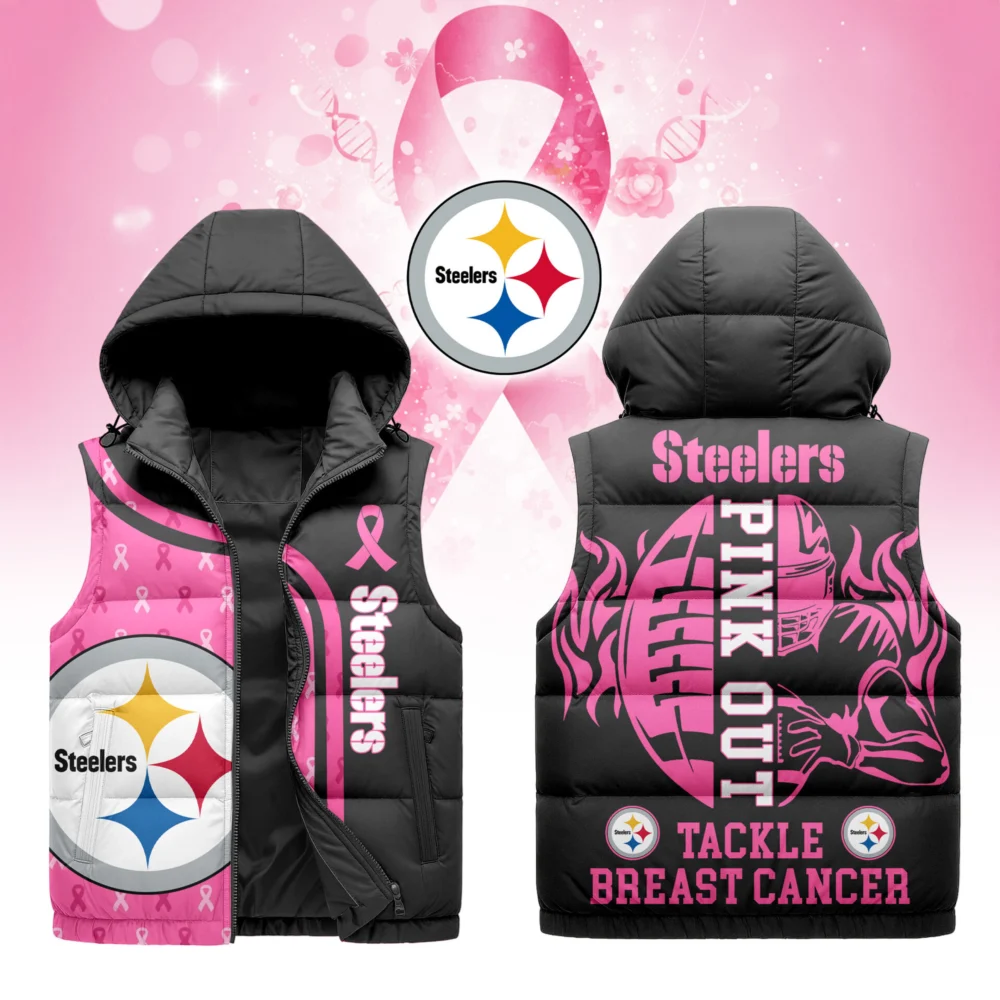 Pittsburgh Steelers | Premium NFL Pink Out Hooded Vest Puffer